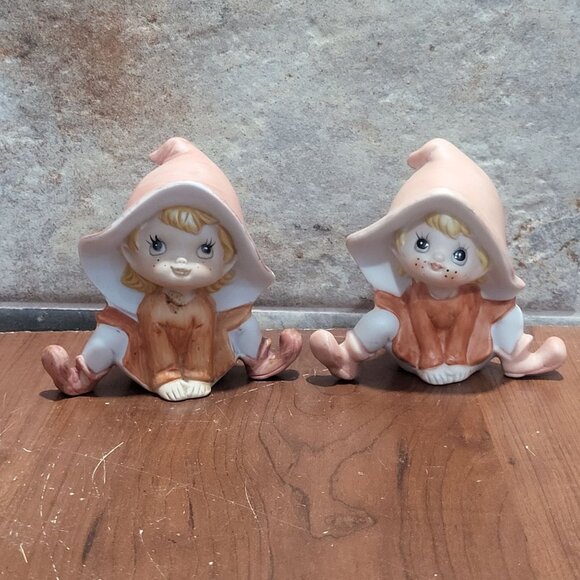 Vintage Homco Pixie Elf Figurines Bisque Set of 2 - Picture 1 of 10